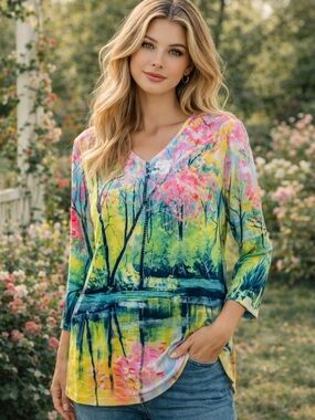 Catalog Favorites - colorful art wear - v- neck 3/4 sleeve - size 1X